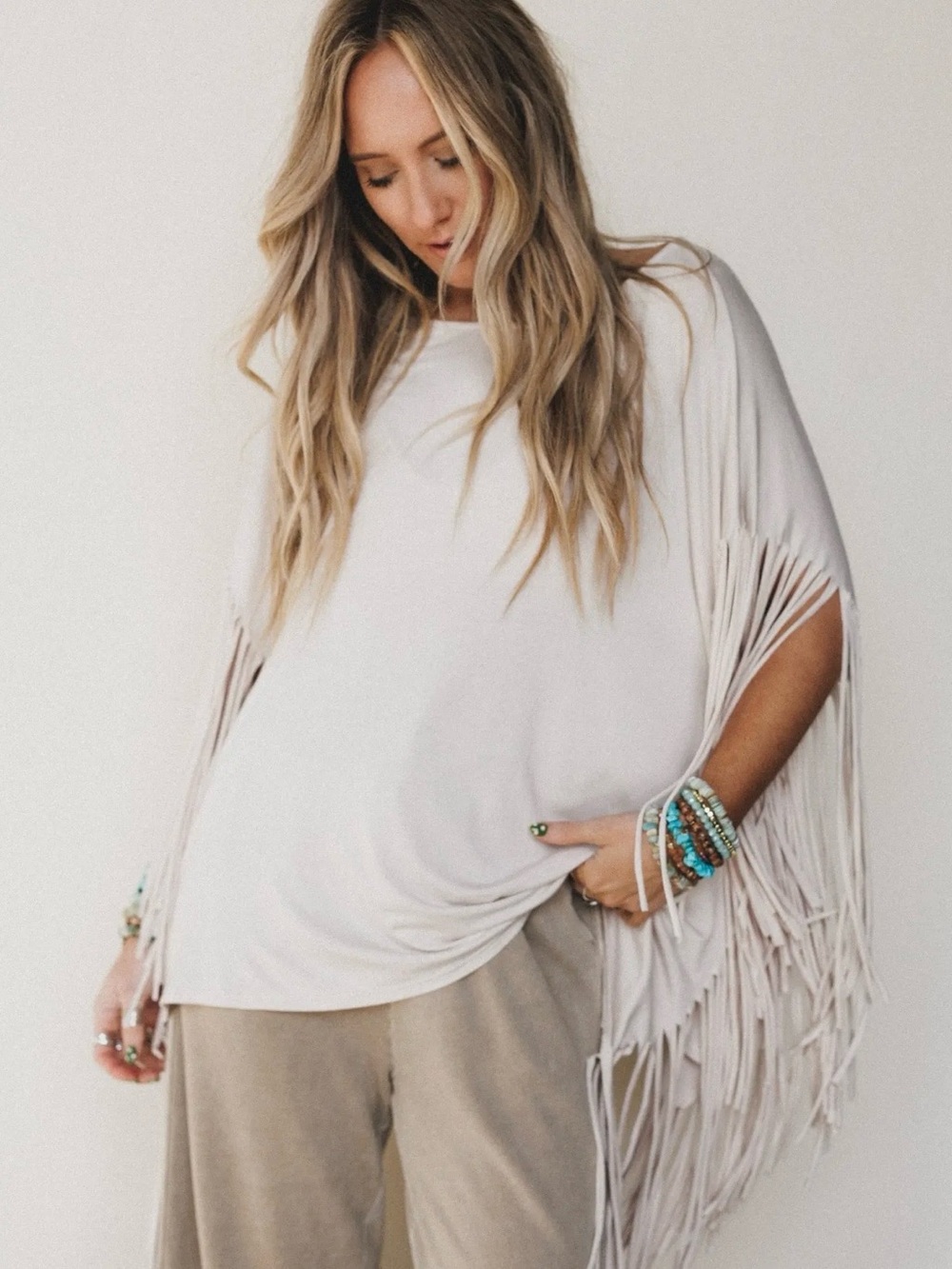 Three Bird Nest Cream Fringe Oversized Poncho Top Boho Western Festival Size S